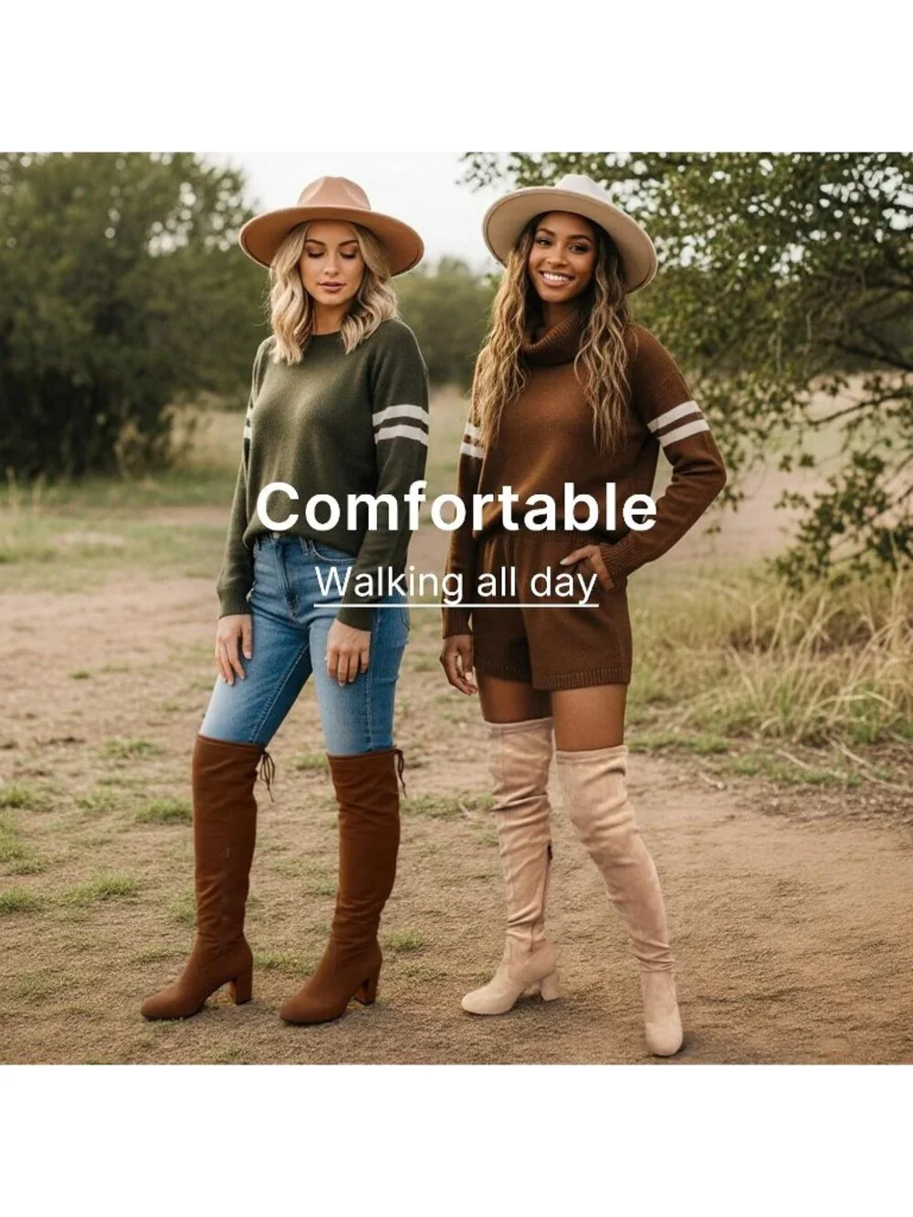 Women's Sand Chunky Heel Round Toe Side Zipper Over The Knee Thigh High Boots